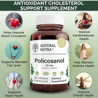Natural Nutra Policosanol 20mg with Octacosanol, Supplement, 60 Vegan Caps | Promotes Fluid Circulation, Improves Blood Circulation, Supports Maintaining Fat Level, Improves Cardiovascular Health