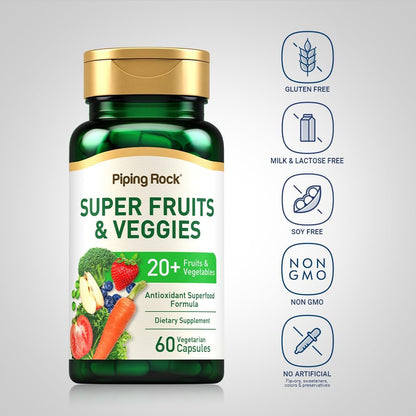 Piping Rock Fruits and Veggies Supplement | 60 Capsules | Superfood Vitamins | with Antioxidant Formula and Prebiotic Blend | Vegan, Non-GMO, Gluten Free