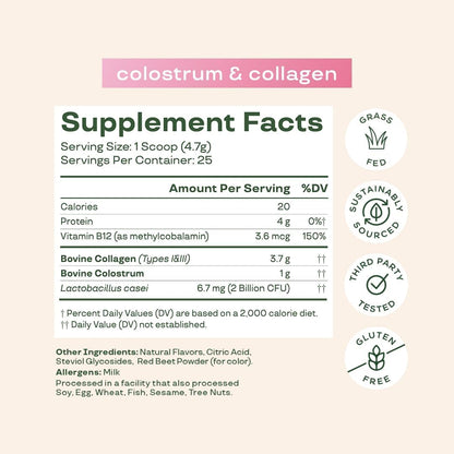 Bloom Nutrition Bovine Colostrum Powder, Strawberries & Cream, 25 Servings | Gut Health, Immune Support, Hair Growth & Beauty Supplement, Gluten Free, Sugar Free