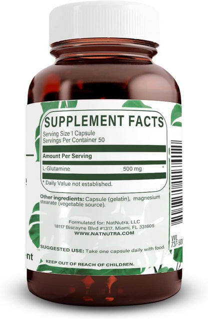 Natural Nutra L-Glutamine Supplements, 500 mg, 50 Capsules | Helps to Promote Optimal Brain Functioning, Supports Digestive Functioning, Improves Muscle Health & Boosts Memory & Focus