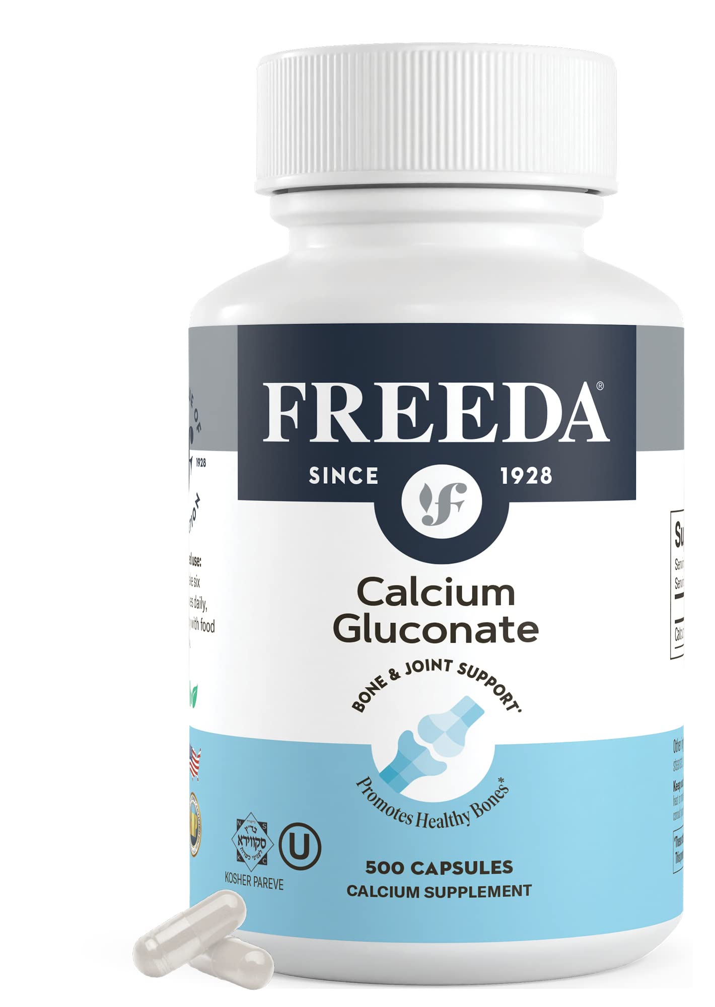 FREEDA Calcium Gluconate Supplement for Bone & Joint Support – 100 Capsules | Supports Teeth & Muscle Health – Pure Calcium w/o Vitamin D – Gentle on Stomach, Easy-to-Digest, Kosher, Vegan, Made in USA