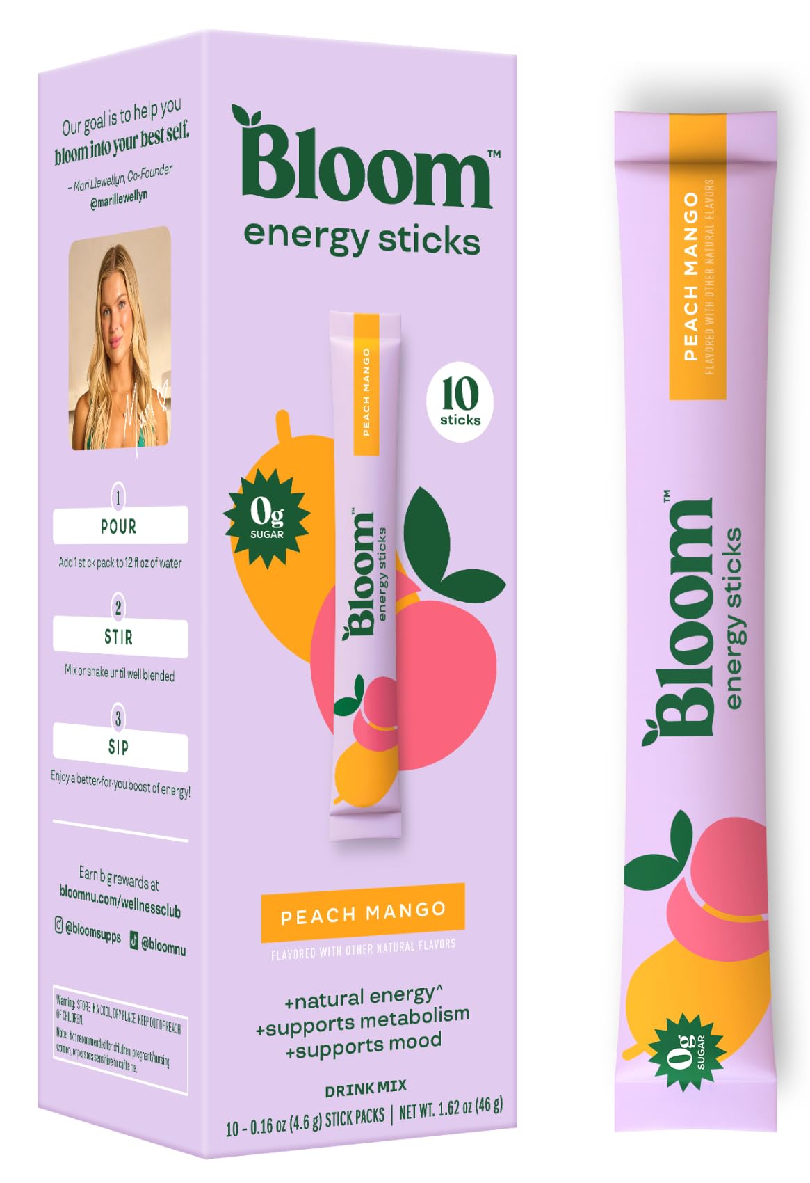 Bloom Nutrition Energy Drink Powder Packets, Strawberry Watermelon, 10 Ct | Sugar Free Drink Mix with L-Theanine, B Vitamins & Natural Caffeine, On the Go Powder Sticks for Natural Energy, 10 Calories