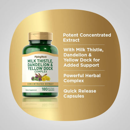 Piping Rock Milk Thistle, Dandelion & Yellow Dock | 180 Capsules | Concentrated Extract Complex | Non-GMO, Gluten Free Supplement