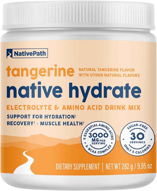 NativePath Hydrate Electrolyte Powder, Tangerine, 30 Servings | 14 Vitamins & Minerals, 9 Aminos & 2000mg BCAAs, Zero Sugar, Supports Hydration & Recovery, Stevia, Keto