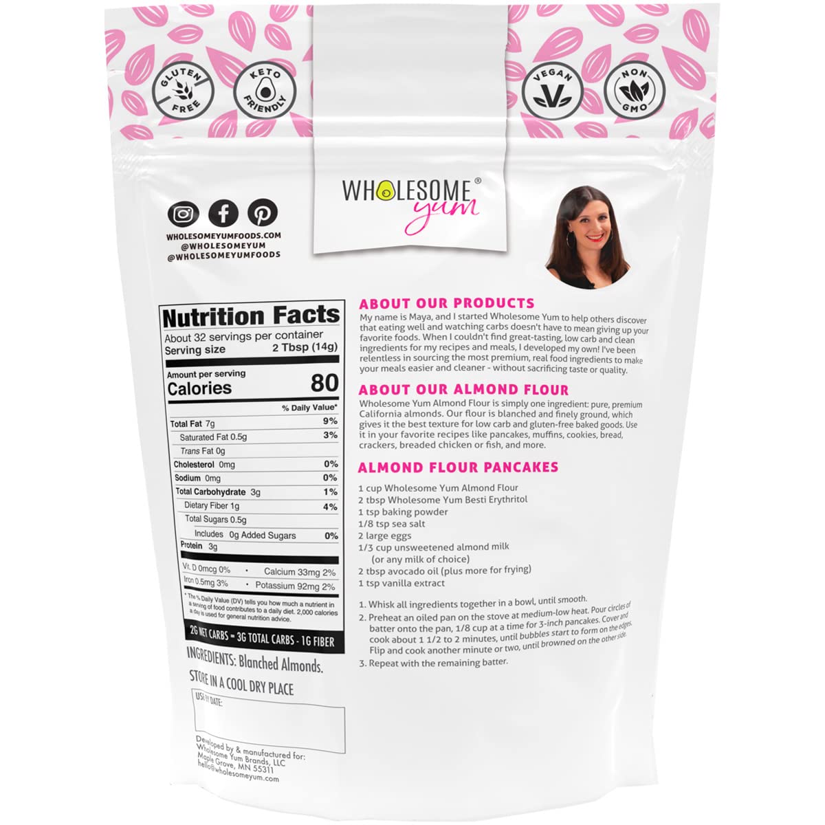 Wholesome Yum Premium Fine Blanched Almond Flour For Baking, Keto, Low Carb | Gluten Free, Keto Friendly All-Purpose Flour Substitute With Ground Almonds. Very Fine Grind, Made in USA (16oz / 1lb)