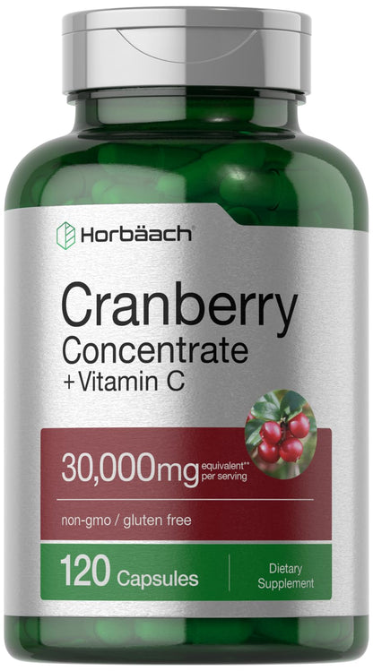 Horbäach Cranberry Concentrate Extract Pills + Vitamin C | 120 Capsules | Supplement for Women and Men | Triple Strength Ultimate Potency Formula | Non-GMO and Gluten Free