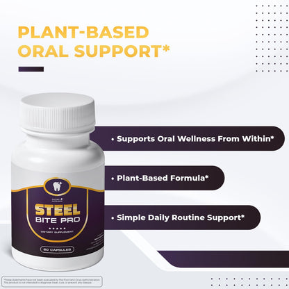 Steel Bite Pro – 23 Plant-Based Ingredients – 60 Ct, 1 Month Supply | 23 plant-based ingredients with Zinc & Turmeric | Non-GMO, Made in USA | Easy-to-swallow oral-care capsule