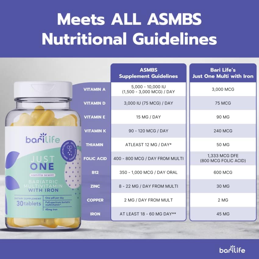 Bari Life Just One, Once Daily Bariatric Multivitamin with Iron (30 Tablets) and BariBurst Calcium Citrate Soft Chews for Gastric Bypass, Gastric Sleeve and Duodenal Switch (Fruit Punch)