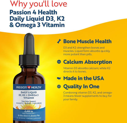 Passion 4 Health Organic Liquid Vitamin D3 K2 (Mk-7) + Omega 3 Supplement - Liquid Vitamin D Drops (5000IU) - Support for Healthy Bones and Muscles