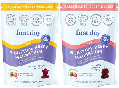 FIRST DAY Kids & Womens' Calming Magnesium Gummies (Strawberry) | Rest & Energy Bedtime Supplement | Balanced Mood | No Melatonin | Clean Label Project Verified® | Vegan, Non-GMO | 30-Day Supply