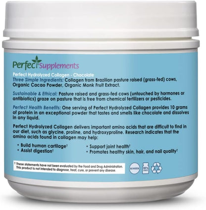 Perfect Supplements - Perfect Hydrolyzed Collagen Chocolate – 396 Grams – Bovine Hydrolyzed Collagen Peptides – Pesticide & Hormone Free – Brazilian Pasture Raised