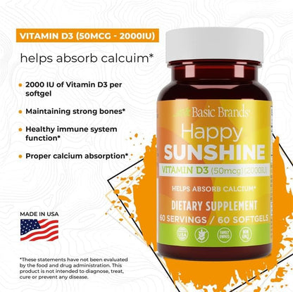 Basic Brands Happy Sunshine Vitamin D3 2000 IU | Gluten-Free, 60 Softgels