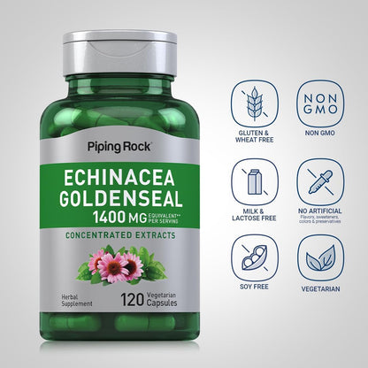 Piping Rock Echinacea Goldenseal Capsules | 120 Count | Concentrated Extract Supplement | Vegetarian, Non-GMO & Gluten Free Formula