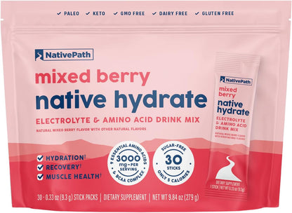 NativePath Hydrate Electrolyte Stick Packs, Mixed Berry, 30 Count | Single-Serve Sticks, 14 Vitamins & Minerals, 9 Aminos & 2000mg BCAAs, Zero Sugar, Hydration, Keto