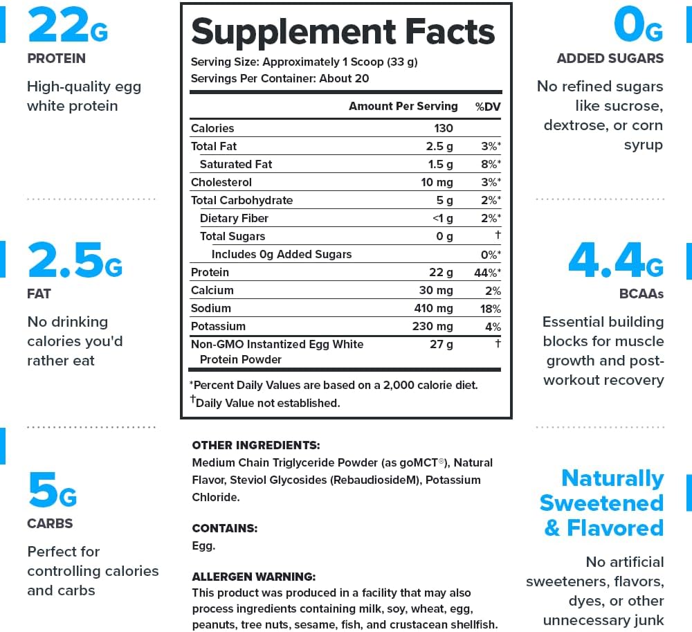 LEGION Egg+ Protein Powder with BCAAs - Naturally Sweetened and Flavored Egg White Protein Powder - Fast Digesting Protein for Muscle Growth and Strength, Vanilla, 20 Servings