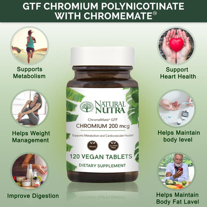 Natural Nutra GTF Chromium Polynicotinate with ChromeMate, Supports Body Metabolism, Support Heart Health, Maintain Body Fat Level, Improve Digestion, Cardiovascular Health, 200 mcg, 120 Vegan Tablets