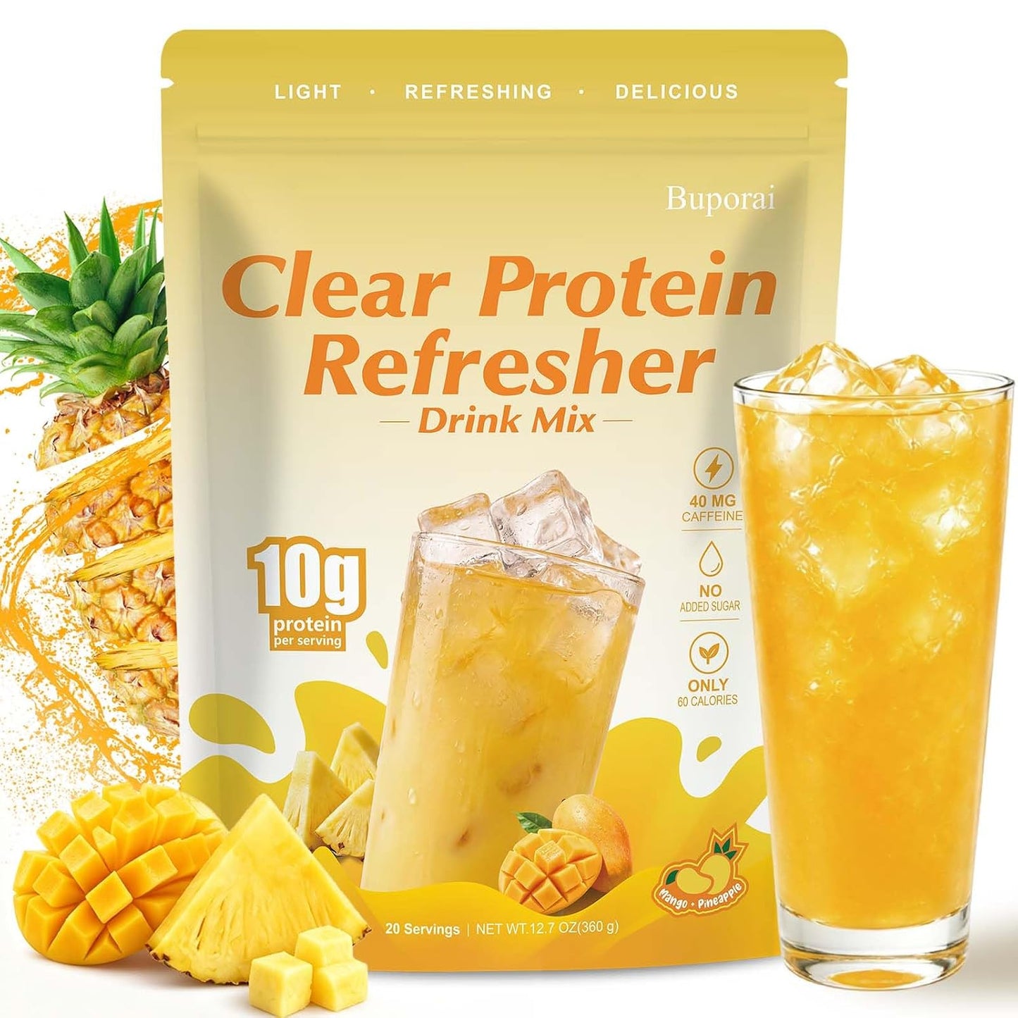 Clear Protein Refreshers Drink with Electrolytes Powder (Pineapple Mango) | Collagen Peptides, 0g of Sugar,40mg Caffeine