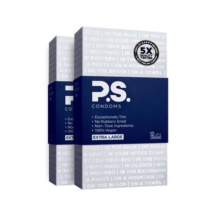 PS Condoms Exceptionally Thin Latex Condoms, Clean & Odorless, 12 Pack | Individually tested, 0.045 mm natural rubber, 40% thinner, lubricated, vegan, and free of PFAS, gluten, glycerin and parabens