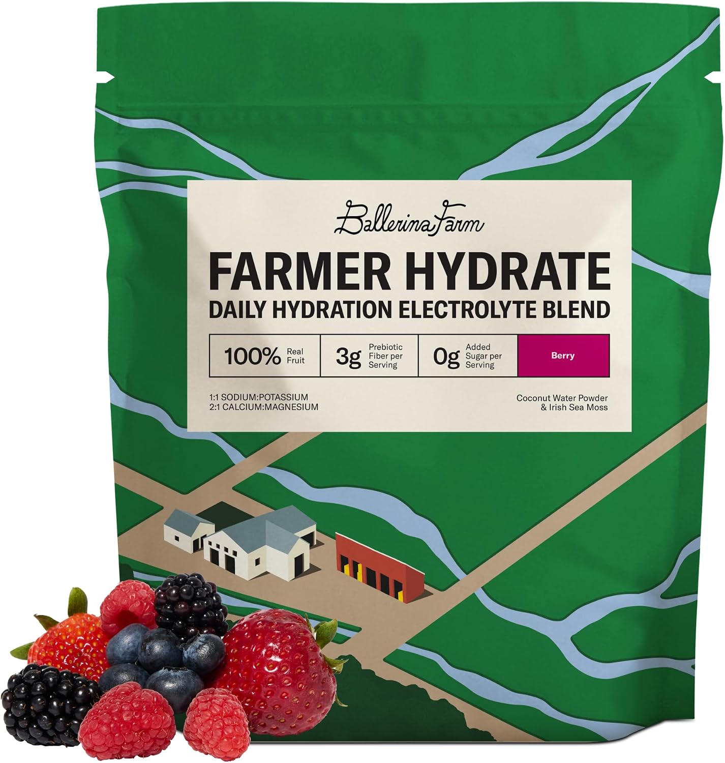 Ballerina Farm Farmer Hydrate Berry Electrolyte Powder | Organic Coconut Water, Irish Sea Moss, French Sea Salt, No Added Sugar, Prebiotic Fiber, 25 Servings