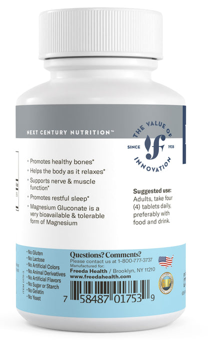 Freeda Magnesium Gluconate Vegan Supplement - 100 Tablets | Gentle and Highly Absorbable Magnesium Gluconate Supplement - Supporting Bone, Nerve & Muscle Function