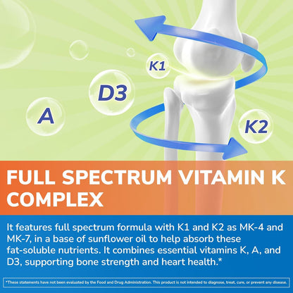 Vitalibre Vitamin K Complex 2600 mcg with Vitamin A & D3 5000 IU | Bioavailable K2 D3 Vitamin Supplement, Full Spectrum, for Bone Strength and Heart Health, 90 Softgels