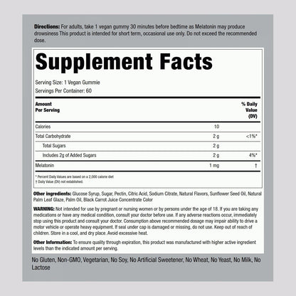 Piping Rock Melatonin Gummies 1 mg | 60 Count | Low Dose Supplement for Kids and Adults | Cherry Pomegranate Flavor | Vegan, Non-GMO, Gluten Free