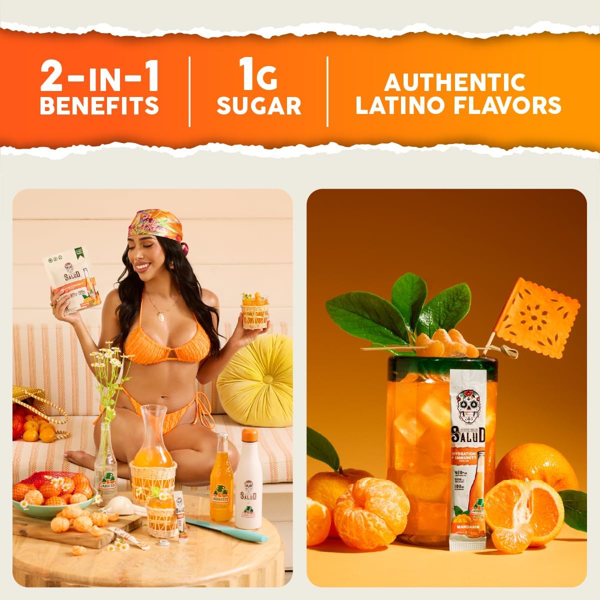 Salud x Jarritos 2-Pack | 2-in-1 Hydration + Immunity (Mandarin) & Energy + Focus (Lime) – 15 Servings Each, Agua Fresca Drink Mix, Non-GMO, Gluten Free, Vegan, Low Calorie, 1g of Sugar