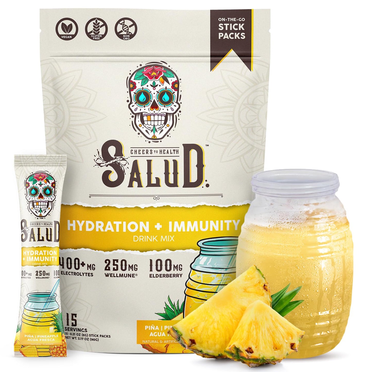 Salud 2-in-1 Hydration + Immunity Drink Mix, Cucumber Lime | Electrolytes Powder, Agua Fresca, Elderberry, Dairy & Soy Free, Non-GMO, Gluten Free, Vegan, 1g Sugar (15 Servings)
