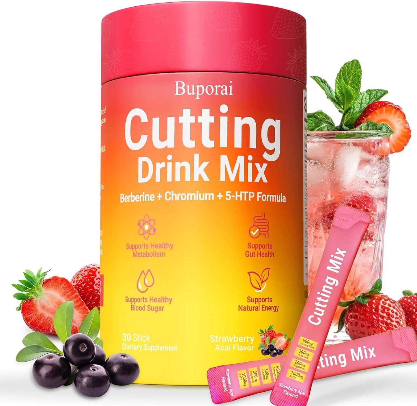Cutting Mix, Cutting Drink Mix, Berberine, Chromium, FOS, Yerba Mate | & 5-HTP, Energy & Gut Health, Metabolic Support, Vegan, Sugar-Free, Non-GMO, 30 Stick Packs