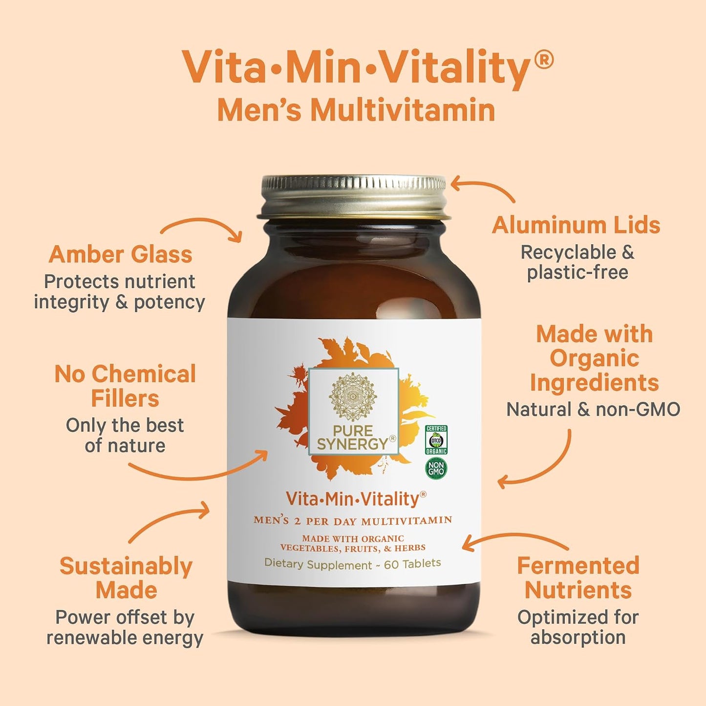 PURE SYNERGY Men’s Multivitamin, Stress, and Energy Essentials Bundle | Whole Food Multi with Adaptogens and Cordyceps | Natural Vitamin C Immune Supplement | Vegan, Non-GMO, and Organic Ingredients