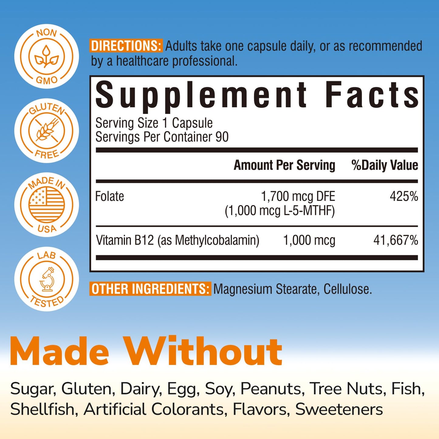 Vitalibre Methyl Folate 1000 mcg, L-5-MTHF with Methylcobalamin B12, Heart & Blood Health, Healthy Nervous System, Energy Support, Vegan, Bioactive Form, Best Absorption, 60 Capsules