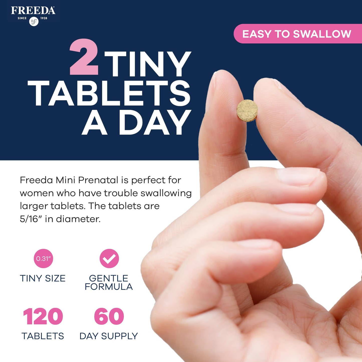 FREEDA Mini Prenatal Vitamins for Pregnant Women – 240 Tiny Tablets | Supports Mother & Baby Nutrition – Includes Methylfolate, Calcium, & Essential Nutrients – Vegan, Kosher, Easy-to-Swallow