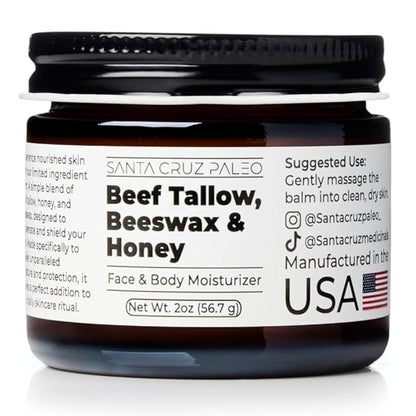 Santa Cruz Paleo, Beef Tallow, Beeswax & Honey Face Moisturizer, Organic, Unscented Grassfed Beef Tallow Skin Care, Sunscreen Free, Non Comedogenic Face & Body Moisturizer for Sensitive Skin, 2 Oz
