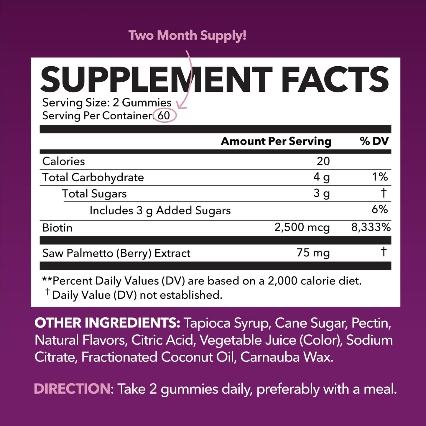 Saw Palmetto Gummies for Women, Raspberry, 60ct, 2500mcg Biotin | DHT Blocker & Hair, Skin, Nail Health Gummies, Supports Stronger-Looking Hair, Raspberry Flavor, 1 Month Supply