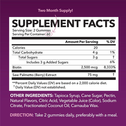 Saw Palmetto Gummies for Women, Raspberry, 60ct, 2500mcg Biotin | DHT Blocker & Hair, Skin, Nail Health Gummies, Supports Stronger-Looking Hair, Raspberry Flavor, 1 Month Supply