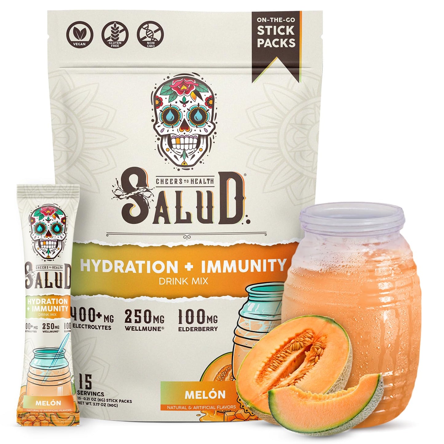 Salud 2-in-1 Hydration + Immunity Drink Mix, Cucumber Lime | Electrolytes Powder, Agua Fresca, Elderberry, Dairy & Soy Free, Non-GMO, Gluten Free, Vegan, 1g Sugar (15 Servings)