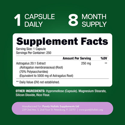 Astragalus Root, 8 Month Supply, Immune Support, 20:1 Astragalus Extract | 20:1 Astragalus Extract, 70% Polysaccharides, High-Concentration Adaptogen Support for Energy & Vitality, Vegan, 250 Capsules