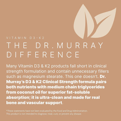 Dr. Murray's Vitamin D3-K2 Supplement with Coconut Oil MCTs -5,000 IU-Gluten Free - Non-GMO- Vegan Capsules | Third-Party Tested | GMP Certified | 60 Count
