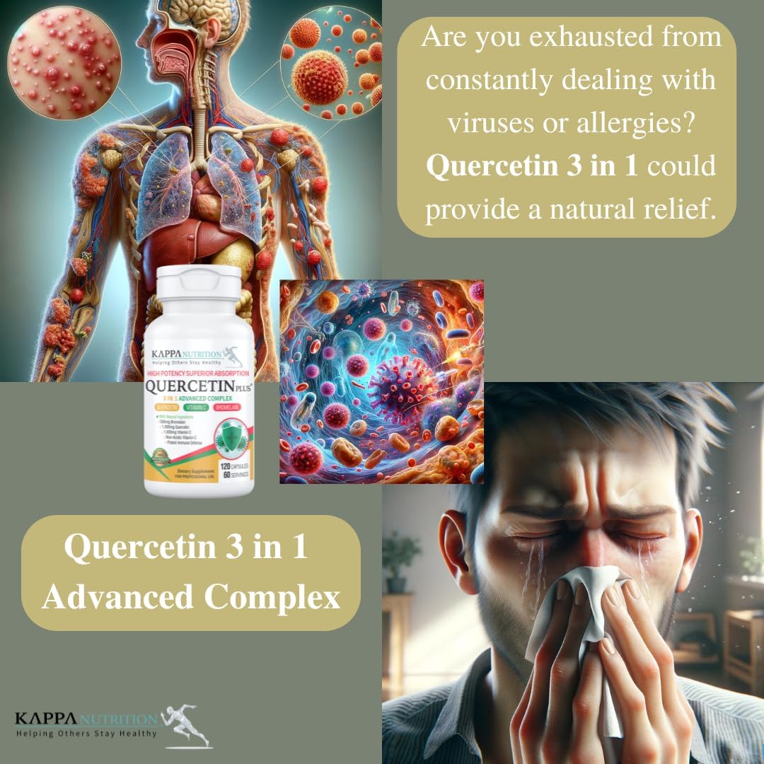 QUERCETIN PLUS, Quercetin 1,000mg, Bromelain 500mg and Vitamin C 1,000mg, (120 Capsules), 3 in 1 from Bioflavonoids, Supports Immune, Cardiovascular & Respiratory Health, Seasonal Allergy Relief.