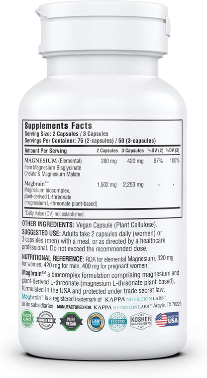 Magnesium L-Threonate Plant-Based 3 in 1 Powered by Magbrain® Magnesium L-Threonate Plant-Based | Magnesium Bisglycinate & Magnesium Malate | Up to 420 mg Elemental Magnesium | 150 Vegan Capsules.