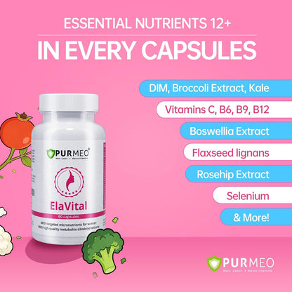 purmeo DIM Supplement for Women, Support Hormone Balance, Breast Health | Blend of 15 Nutrients, Clinically Validated, Made in Germany with Traceable PZN, Vegan, Allergy-Free, Non-GMO, 60ct
