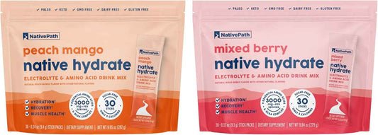 NativePath Hydrate Stick Pack Peach Mango & Mixed Berry Bundle – Zero Sugar Electrolytes with BCAAs