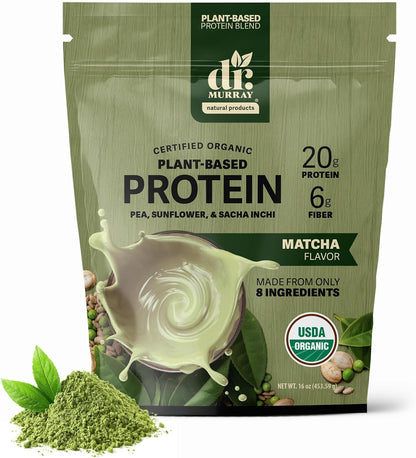 Dr. Murray's USDA Organic Plant Based Protein Powder | 20g Protein | 6g Fiber | Vegan & Keto | Gluten & Dairy Free | Low Carb | No Added Sugar | Matcha, 1 lb.
