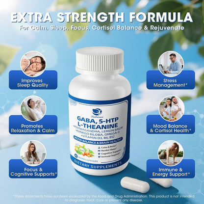 GABA Supplements 750mg with L-Theanine & Ashwagandha for Calm & Sleep 2Pack | 10 in 1 Calm Capsules with 5HTP, Lemon Balm, Ginkgo Biloba, Omega-3 for Relaxation, Focus, Mood Support, Cortisol Balance