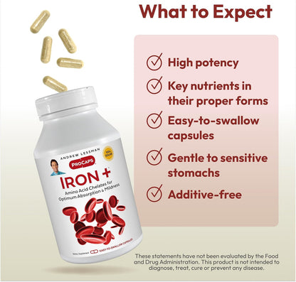 Andrew Lessman ProCaps Iron Plus 18mg Chelated Iron 90 Capsules | Gentle amino acid chelated iron with Vitamin C to support absorption. Non-acidic and easy on the stomach.