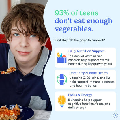 FIRST DAY Teen's Multivitamin, Calming Magnesium & Brain Focus Gummies | Daily Nutrients, Mood, & Focus | Clean Label Project Verified® | Vegan | 30-Day Supply