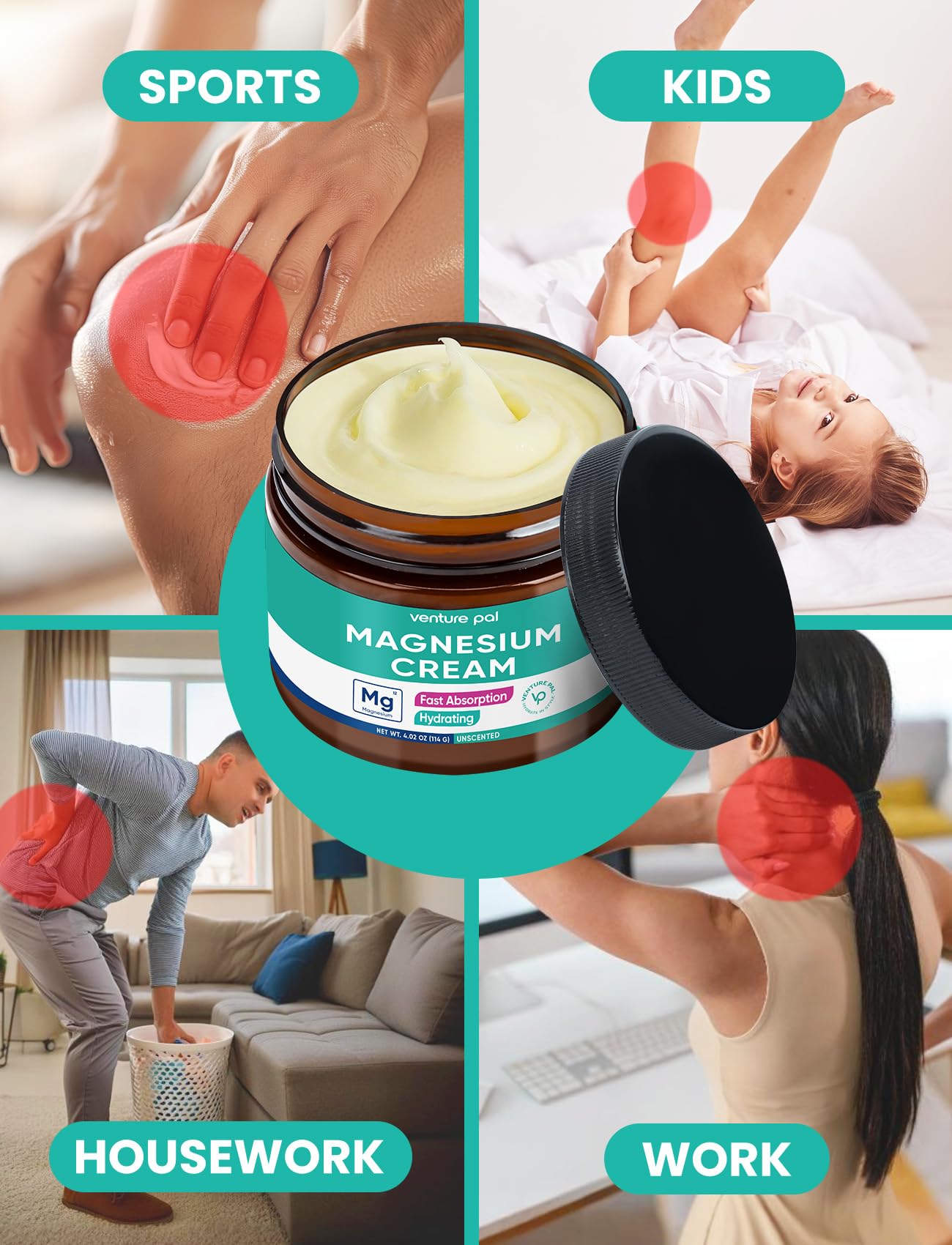 Venture Pal Topical Magnesium Cream, Highly Concentrated Magnesium Lotion | Fast-Absorbing Magnesium Moisturizing Cream with Coconut Oil, Shea Butter & Hyaluronic Acid; Suitable for Kids