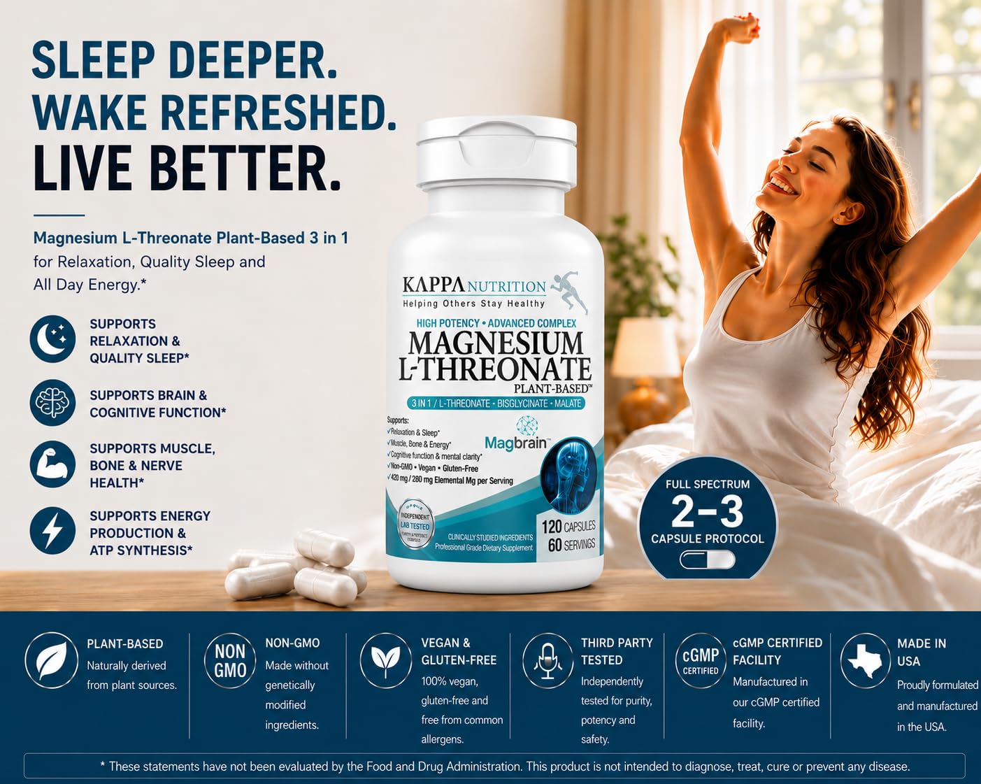 Magnesium L-Threonate Plant-Based 3 in 1 Powered by Magbrain® Magnesium L-Threonate Plant-Based | Magnesium Bisglycinate & Magnesium Malate | Up to 420 mg Elemental Magnesium | 150 Vegan Capsules.