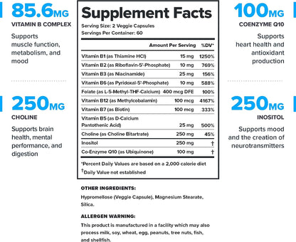LEGION Vitamin B-Complex (120 Capsules) - Vitamin B Complex with Choline and Inositol Supports Mood & Liver Function - Vegan B Complex Vitamins Support Energy Metabolism & Muscle Function
