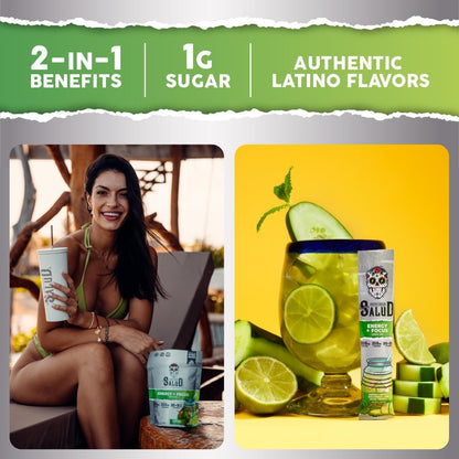 Salud 2-Pack | 2-in-1 Hydration + Immunity (Lemonade) & Energy + Focus (Cucumber Lime) – 15 Servings Each, Agua Fresca Drink Mix, Non-GMO, Gluten Free, Vegan, Low Calorie, 1g of Sugar